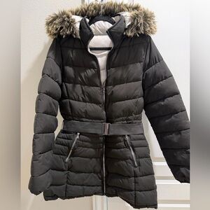 Women's Black Belted Puffer Jacket with Faux Fur Hood